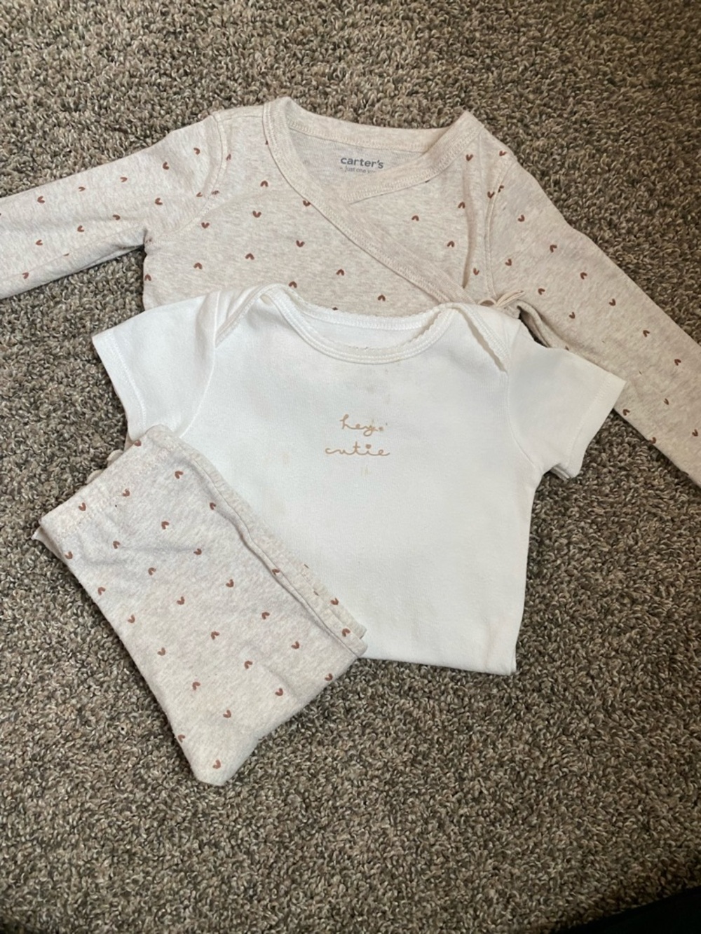 Carter's White Bodysuit with Cream Taupe Heart-Print Set